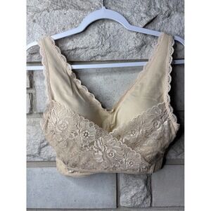 Cara Mia Womens Wireless Lace Bra Beige Nude Seamless Adjustable Straps Size 2X‎